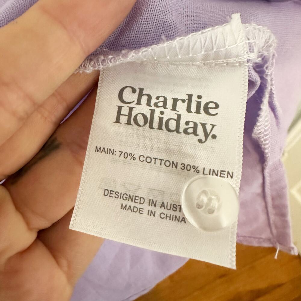 Charlie Holiday Colorblock Linen Cotton Button Up Shirt Dress Small Lavender - Picture 7 of 7